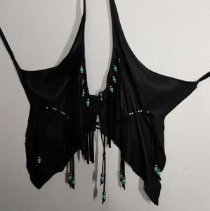Faux Leather?? Fringed Beaded Halter Top. O/S Black